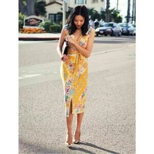 Diane Von Furstenberg DVF Floral Print Sleeveless Midi Wrap Dress Yellow US 4